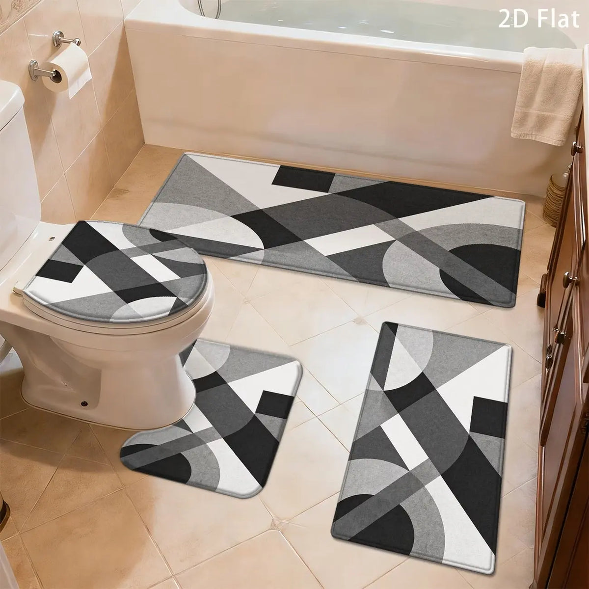 DearTex 3-4pcs Geometric Curved Line Thick Modern Flannel Bath Rug Set - Anti-Skid Custom-Shaped Non-Slip Rubber Water-Absorbent Mats with Washable U-Shaped Toilet Lid Cover Bathroom Accessories, Anti-Skid Bath Mats, Custom-Shaped Bath Mats