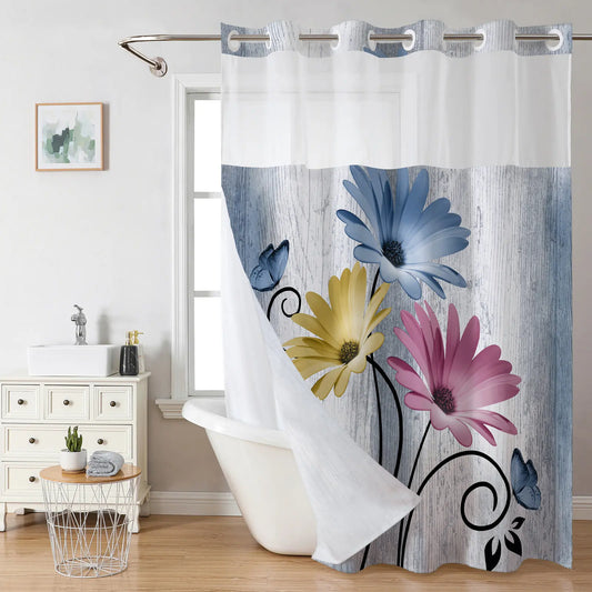 Cyan No Hooks Double-layer Shower Curtain, Daisy Printed Waterproof Fabric, Retro Country Style Home Decoration, Hotel, Dormitory and Bathroom Accessories, 72x75in