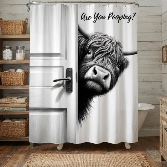 Funny Highland Cow Bathroom Decor Are You Pooping Whimsical Style Stainless Waterproof Shower Curtain for Humorous Home and Gifts Waterproof Fabric Twelve Hook Easy Installation