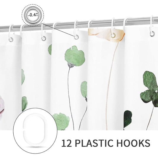 Modern Sage Green and Beige Floral Shower Curtain with Included Hooks