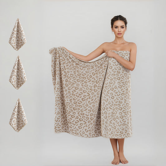 4pcs Oversized Leopard Print Bath Towel Set • Full Body Wrap, Hand Towel, and Hair Towel • 1 Ultra-Soft Coral Bath Towel 200x105cm + 3 Square Towels 35x35cm • Quick-Drying, Lint-Free, Durable • Suitable for Home, Beach, Outdoor Use • Perfect Holiday