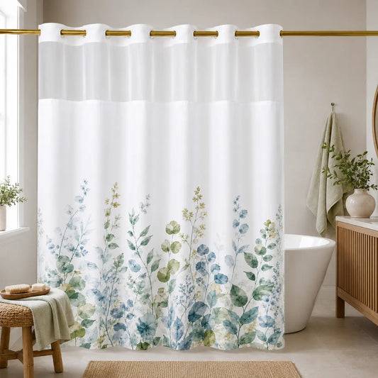 Hookless Shower Curtain Set with Snap-in Liner, Pink Double Layer Floral Botanical Design, Sheer Top Window, 72x75 Inch Waterproof Washable Bathroom Curtain,