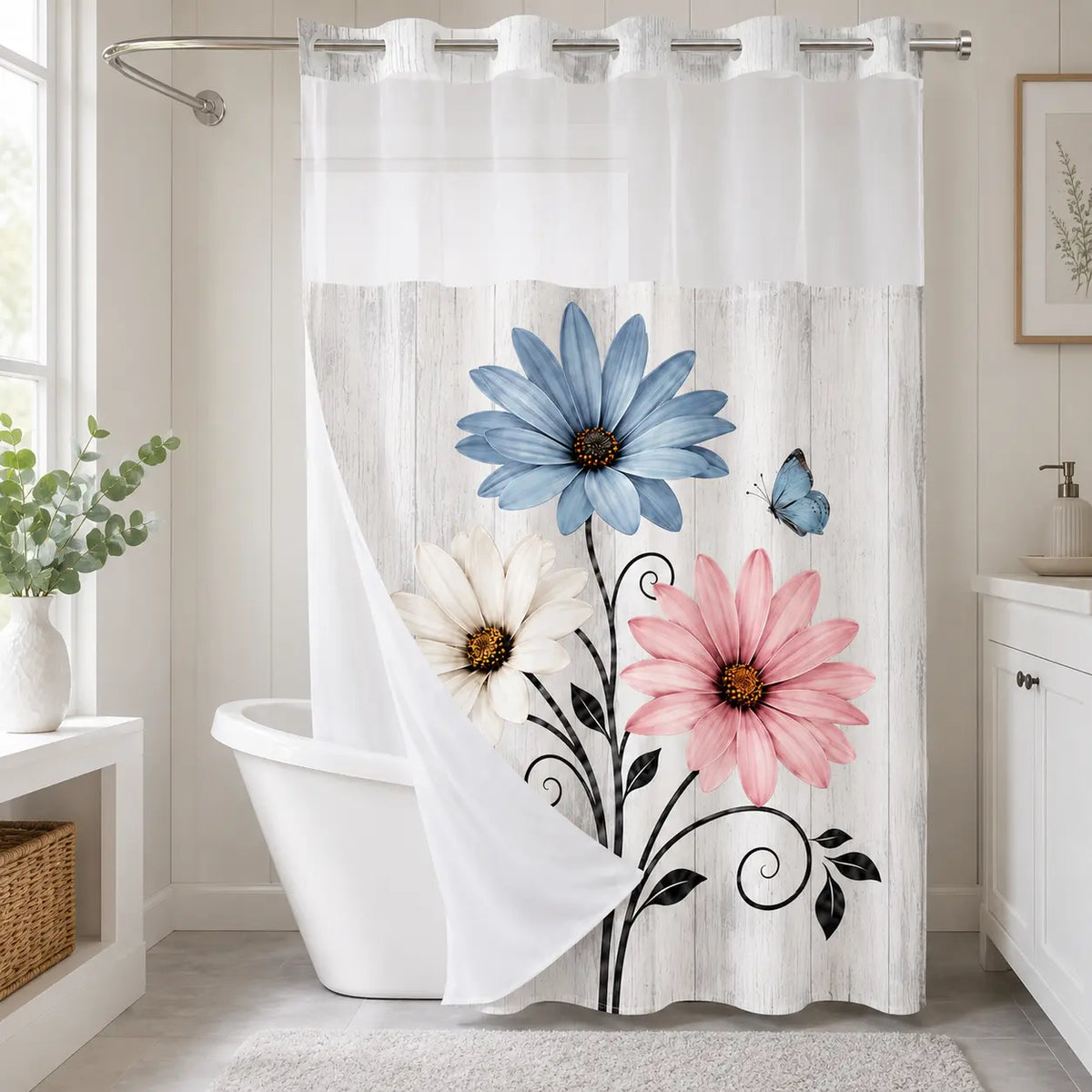 Cyan No Hooks Double-layer Shower Curtain, Daisy Printed Waterproof Fabric, Retro Country Style Home Decoration, Hotel, Dormitory and Bathroom Accessories, 72x75in