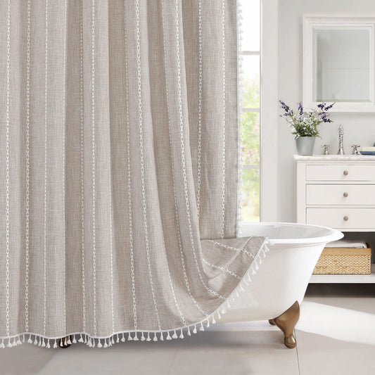 1pc Tan Modern And Linen Shower Curtain Designed in a Bohemian Cottage Style, Suitable for Vintage Rustic Bathroom Decoration. It Features Tassels And Is Made with Heavy-Duty Tarpaulin, Measuring 72 by 72 Inches