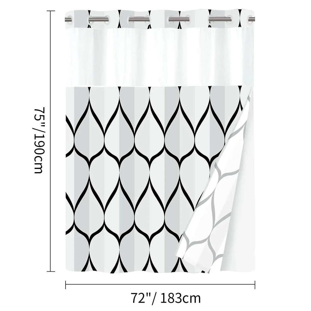 Geometric corrugated no hook shower curtain, double-layer shower curtain with inner lining, soft polyester fabric, fashionable and simple style home decoration, bathroom accessory, 72x75in