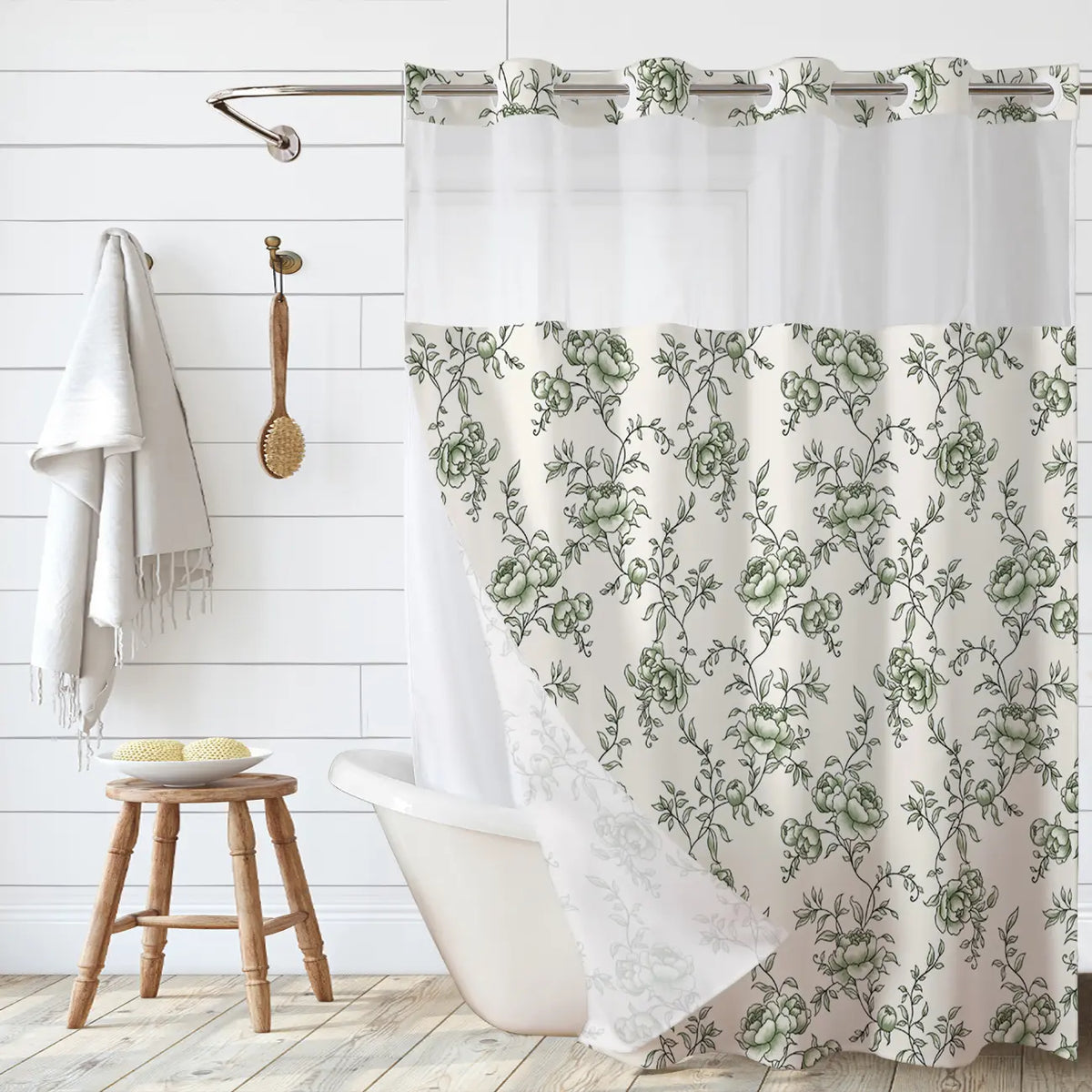Peony Print Linen Shower Curtain, Sheer Splice Linen Fabric, Waterproof Double Layer Mildew Resistant No Drill Bath Curtain for Home & Homestay 72''*75''inch
