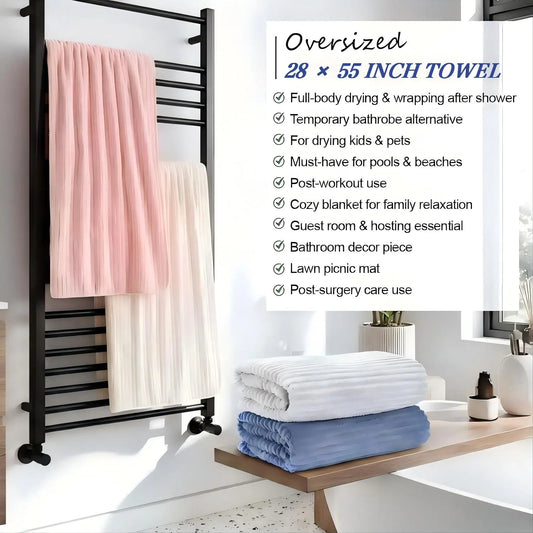 AMA SNOW 4-Pack Oversized Anti-Shrink Bath Towels - 27.6 inches x 55.1 inches Coral Fleece, Anti-Static, Soft, Quick-Dry, Striped, Breathable, Luxury Plush, Unisex, Fade Resistant, Cold Wash Safe for Bathroom, Personal Care, Beauty Use