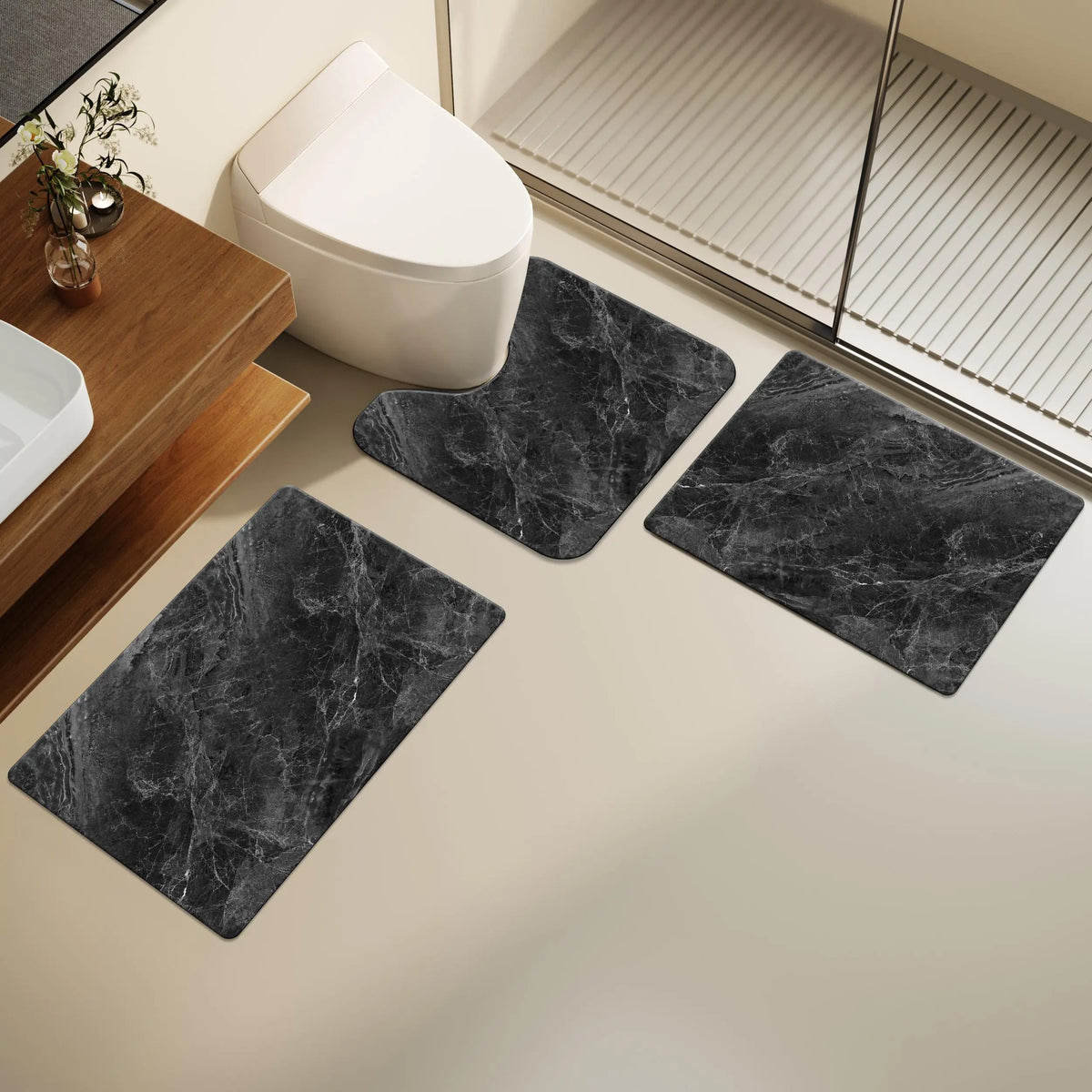 3-Piece Rectangle Non Slip Water Absorbent Bathroom Mat Set, 0.3-In Thick Rubber Foot Pad, Quick-Dry, Ideal for Bathroom Entrance, Under Sink Area, Kitchen Damp Spots