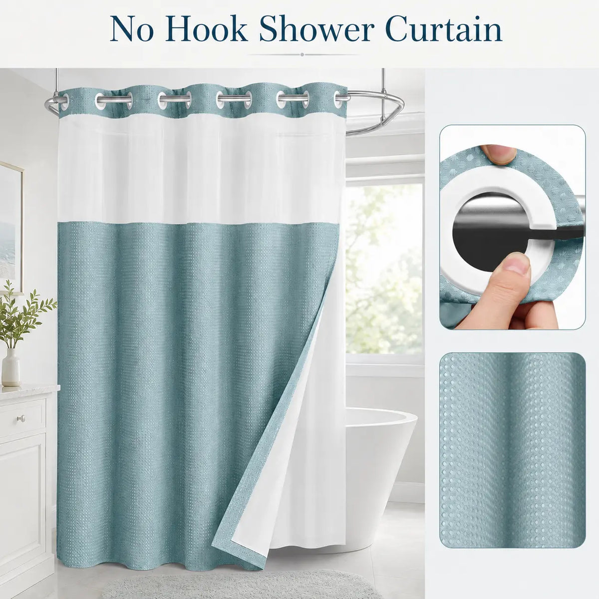 Double Layer Waffle-Pattern Shower Curtain - No Hook Snap-in Liner, Waterproof Inner & Washable White Outer Cloth, Modern Bathroom Accessory for Home/Hotel/Salon/Dorm, 72x75 Inch
