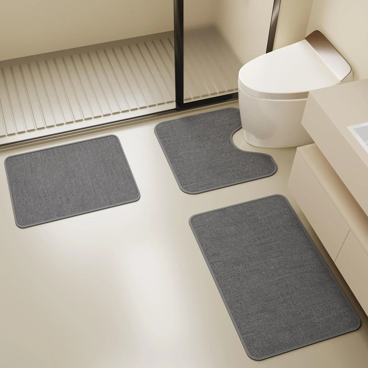 3-Piece Set, Linen-Texture Bathroom Mat, 0.3 in Thickness,Absorbent Quick-Dry Foot Mat, Rubber Anti-Slip Bottom, Home Decor, Premium Faux Linen Door Mat, Suitable For Kitchen, Bathroom, Sink, Toilet Mat, Bedroom, Living Room, Guesthouse, Hotel, Etc. outdo