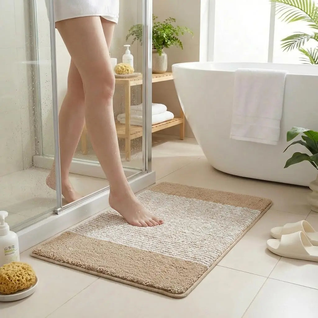 Bathroom Mat 26x18, Soft Absorbent Striped Bath Mats, Machine Washable Microfiber Floor Mats for Bathroom Tubs, Sinks and Showers,Dark Brown