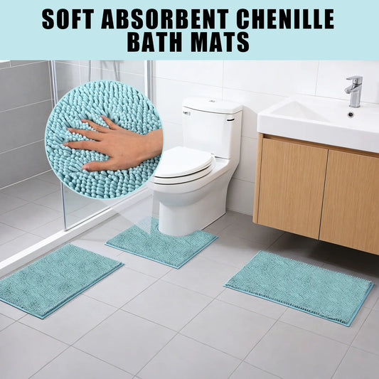 3-Piece Chenille Bathroom Rug Set, Fluffy Cloud-Like Soft Microfiber Bath Mats with Non-Slip & Absorbent Features, Multi-Size Set Pack for Shower & Tub, Machine Washable with Luxury Look, Decor, Room Decor