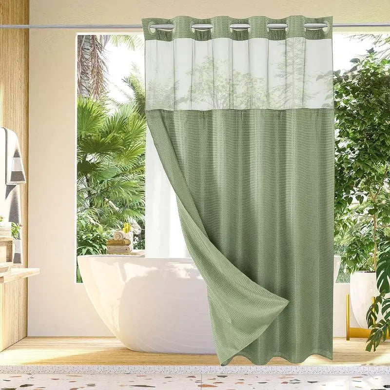 72x75 in Solid Double-Layer Fabric Shower Curtain Set - Waterproof Straight Waffle Weave, Snap-in Liner, Top Sheer Window, Adjustable Rod Compatible, Non-Slip, Modern Dark Grey, Water-Draining Home Bathroom Accessory, Shower Curtains