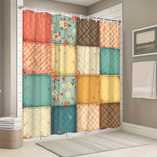 1pc Patchwork Shower Curtain with 16 Square Patches - Floral Plaid And Striped Designs, Durable Polyester Fabric, Machine Washable, 70.8X70.8 Inch Bathroom Decor with 12 Hooks, Shower Curtain for Bathrooms, Easy Maintenance, Home Decoration, Modern