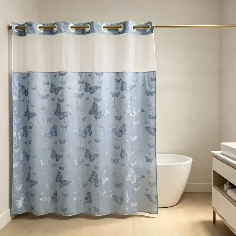 YRZTRK Blue Flocked Butterfly Shower Curtain with Mesh Top Window - No Hook Design Suitable for Bath, Double-Layer Flocked Bathroom Curtain, Machine Washable Window Panel for, Modern Farmhouse Decor for Bathtub Enclosure