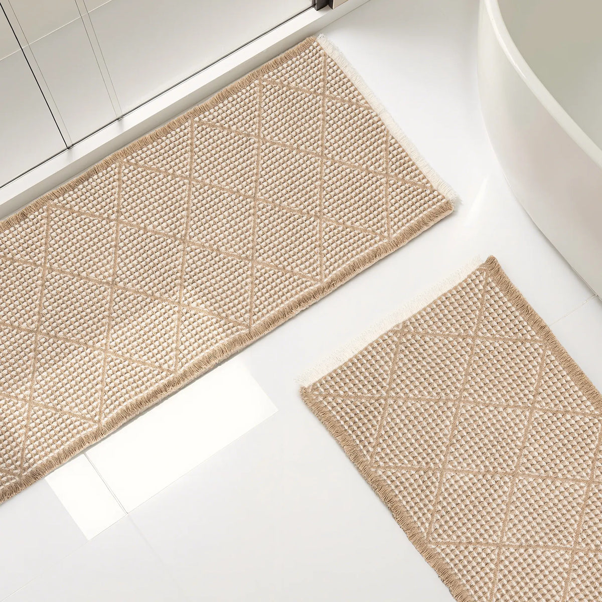 Furicher 2-Piece Anti-Slip Grip Bath Mat Set, Boho Home Spa Waffle Rugs - Super Absorbent Rectangle Mats for Bathroom Decoration, Shower Use, Machine Washable Gray & White (50.8cm×114.7cm + 45.7cm×76.2cm)