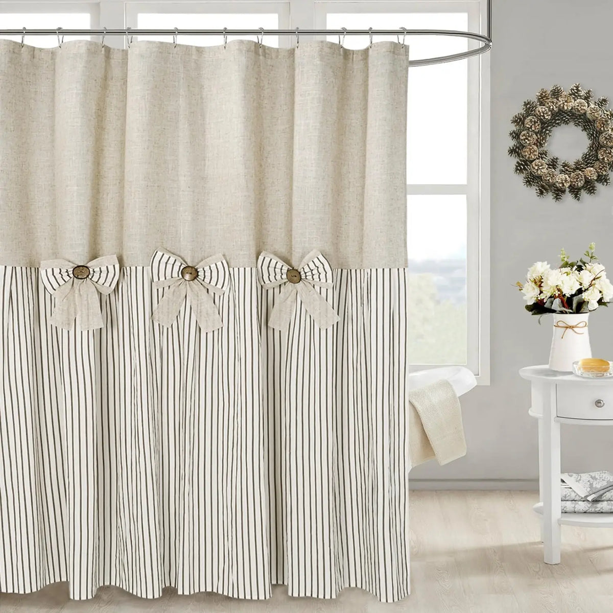 Black Linen Shower Curtain with Stripes Pattern and Bowknot Decorator for Elegant Bathrooms