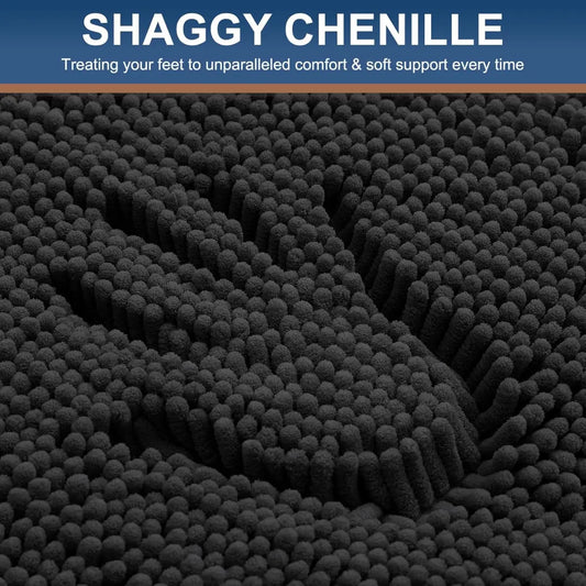 Luxury Chenille Bathroom Rugs 30x20, Extra Soft and Absorbent Shaggy Bath Mat, Machine Washable, Non-Slip Plush Carpet Runner for Tub, Shower, and Floor, Home Decor Accessories, Black
