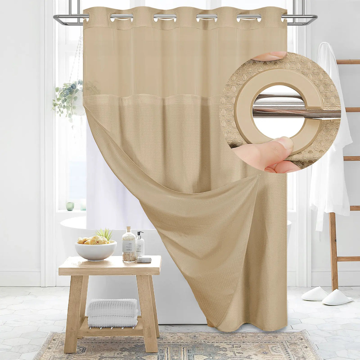 DYNAMENE Premium No-Hook Washable Waffle Weave Shower Curtain Set, Heavy-Duty Double Layer with Snap-In Detachable Waterproof Liner & Mesh Window, Contemporary Matte Finish Bathroom Accessory for Hotel-Inspired Bathroom Look