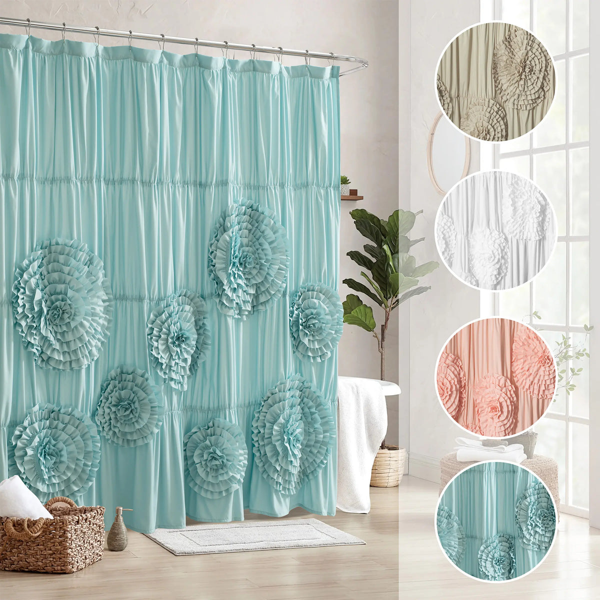 HIG Elegant Ruffled Shower Curtain - Features Eight Bold Floral Blooms for a Timeless Boho Chic Bathroom , 72" x 72", 1 PC Floral Washable