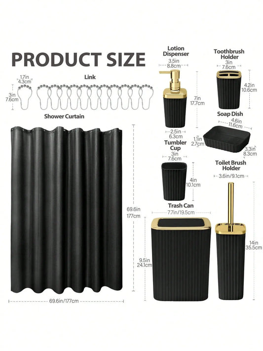 Contemporary Black/White 8pcs Bathroom Accessory Set - Shower Curtains, Rugs, Soap Dispenser, Soap Bar Dish, Toilet Brush Holder, Hook, Wipe, Toothbrush Holder for Moving or Vacation Gifts