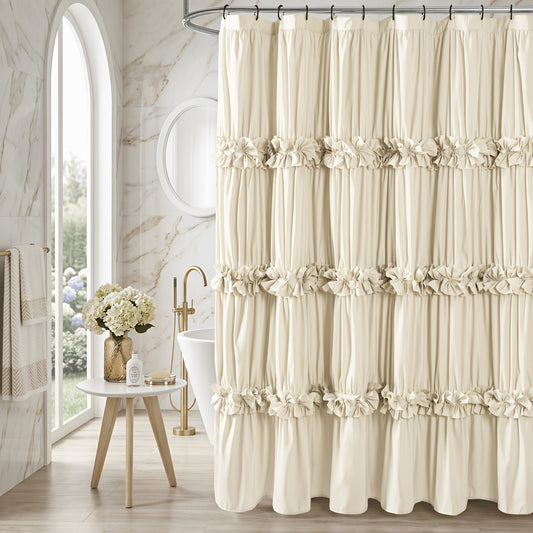 Handcrafted Vintage Ruffle Shower Curtain with Bow Tie - Quick-Dry Machine Washable Bath Curtain Suitable for Master Bathroom, Elegant Bow Tie Top & Hooks Included, Year-Round Decor for Home Bathrooms (No Revisions)