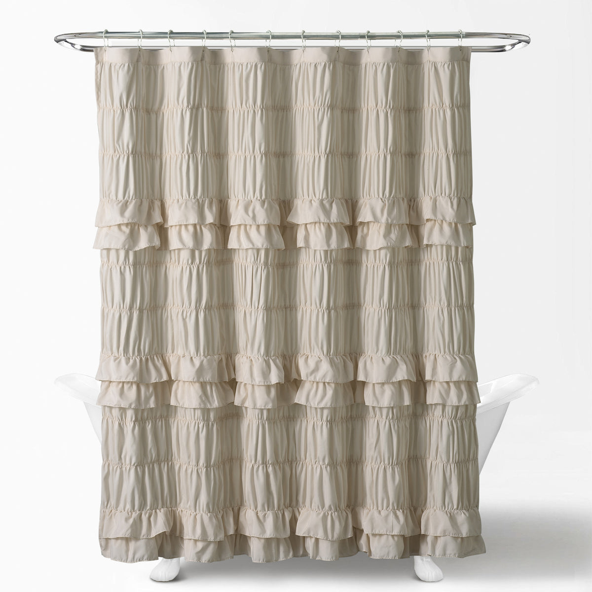 Ruffled Smocked Shower Curtain 72x72 Inch Farmhouse Shabby Chic Bathroom Decor Waterproof Fabric with Tiered Ruffles and Elastic Stretch