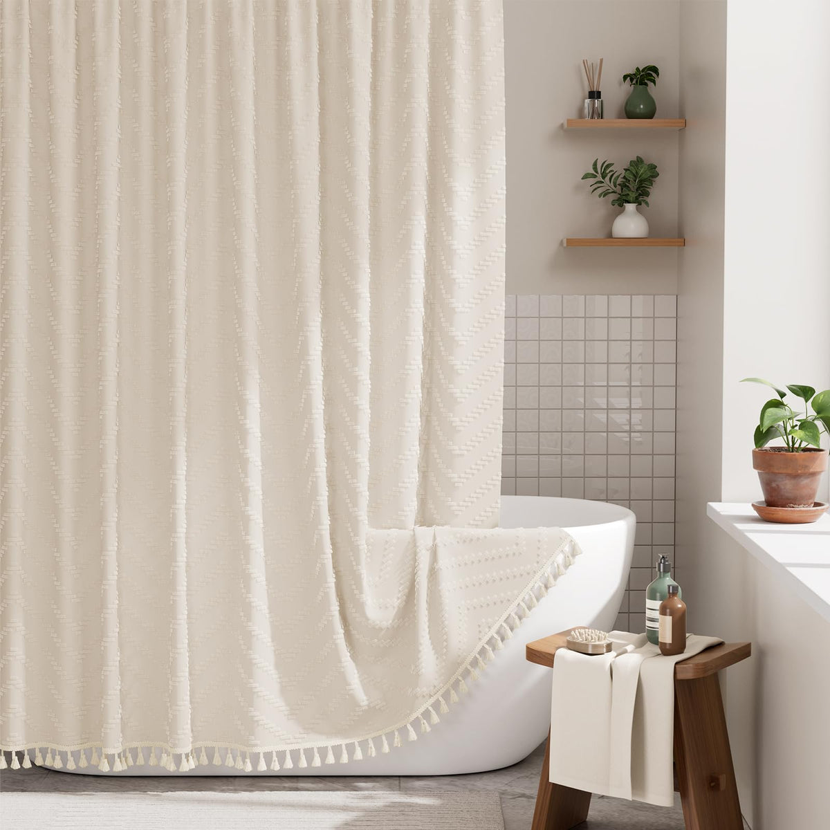 AmazerBath Boho Shower Curtain, Modern Farmhouse Shower Curtain Set with Tassels, Rustic Faux Linen Green Striped Shower Curtain with Hooks, Light Tan Toned, 72x72 Inches
