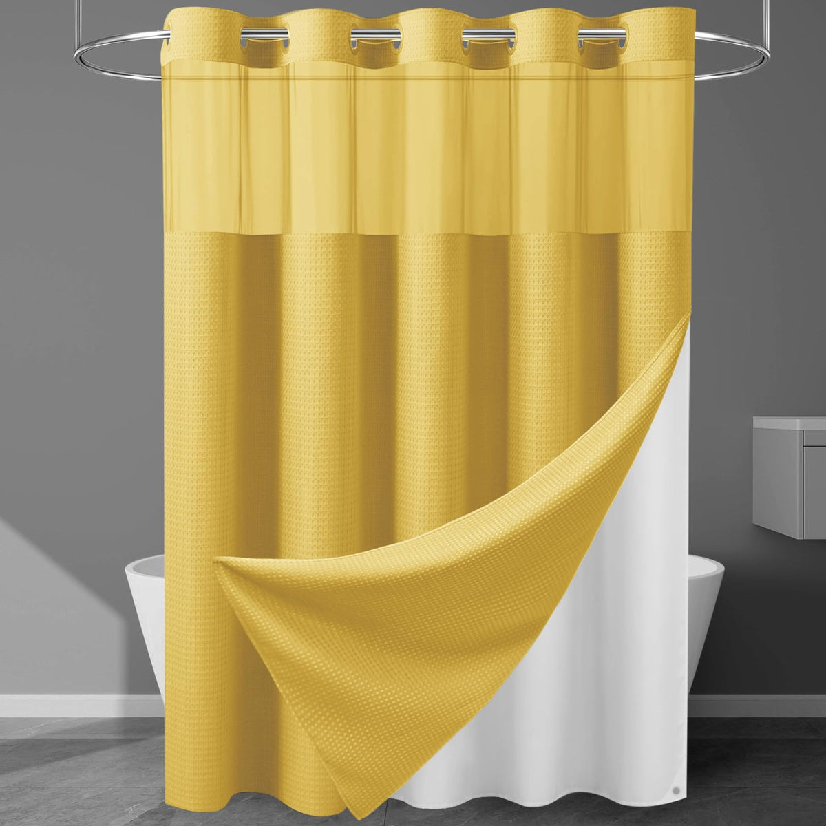 256GSM Heavyweight Ringless Waffle Shower Curtain with Liner, 71x74, Grey