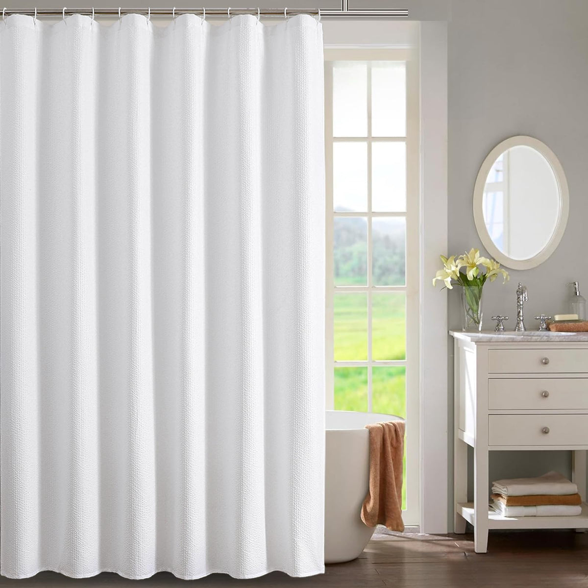 OWENIE Pink Shower Curtain for Bathroom 72x72 Inch, 3D Embossed Textured Waffle Fabric Shower Curtains, Soft Hotel Farmhouse Style, Water Repellent, Machine Washable, Pink, 72" W x 72" L