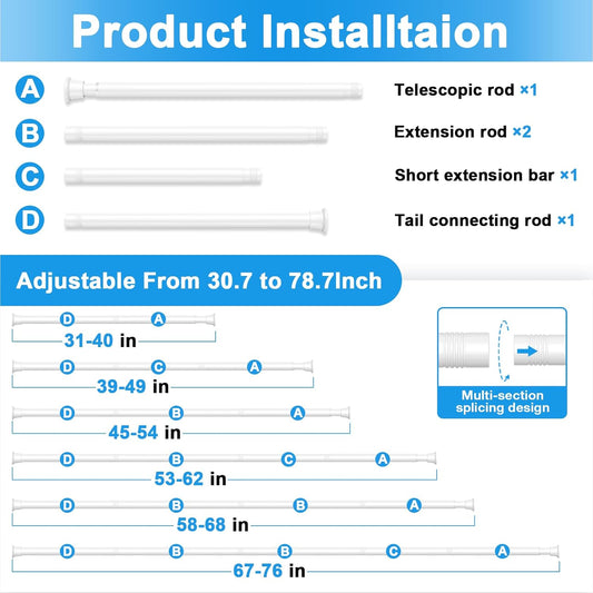 Shower Curtain Rod 2 Pack White 31-76 Inch Adjustable Tension Rod Spring Tension Curtain Rod No Drilling Shower Rod Bathroom Anti-Slip Rustproof Easy Install