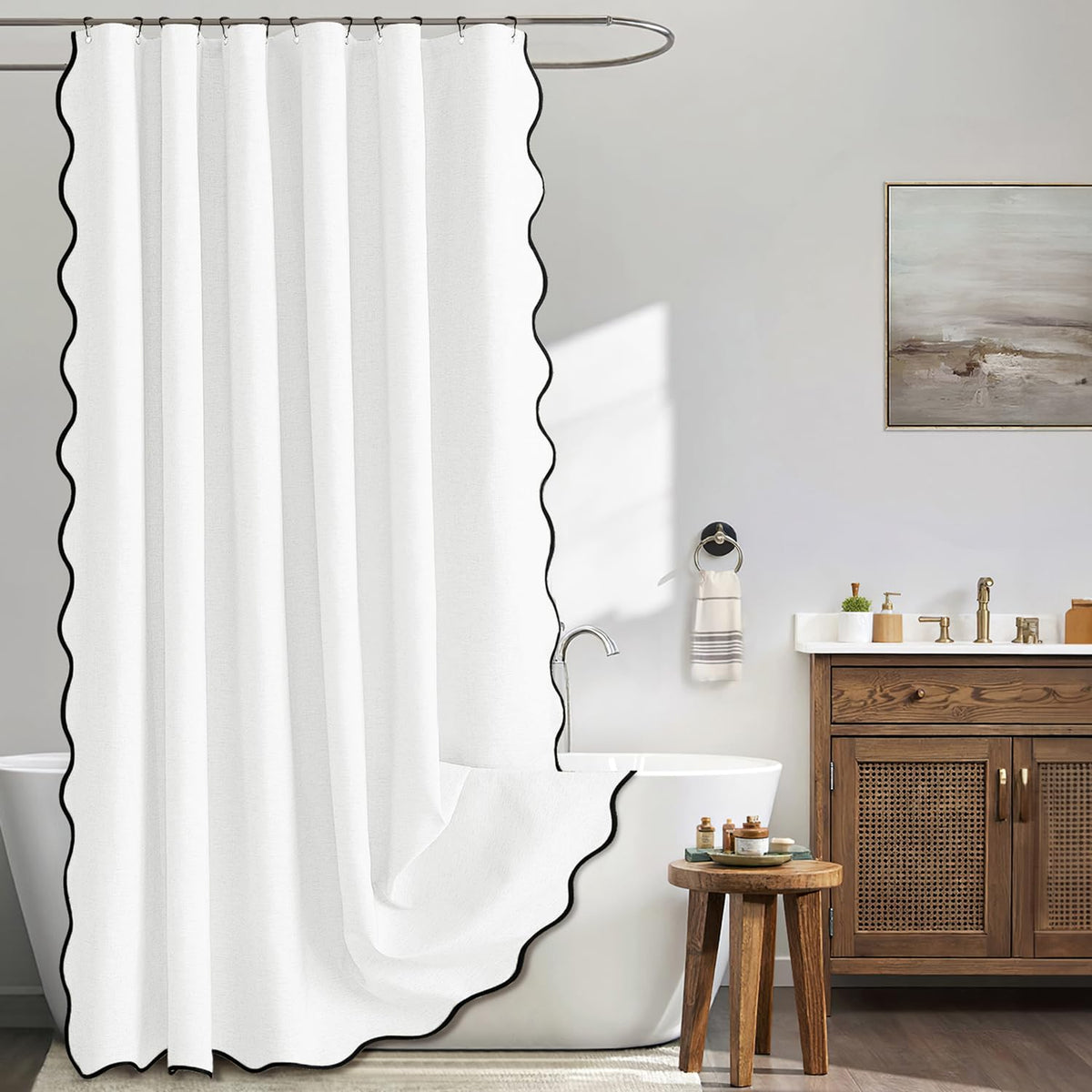 MIULEE 72"x84" Extra Long Scalloped Linen Shower Curtain Cream Beige