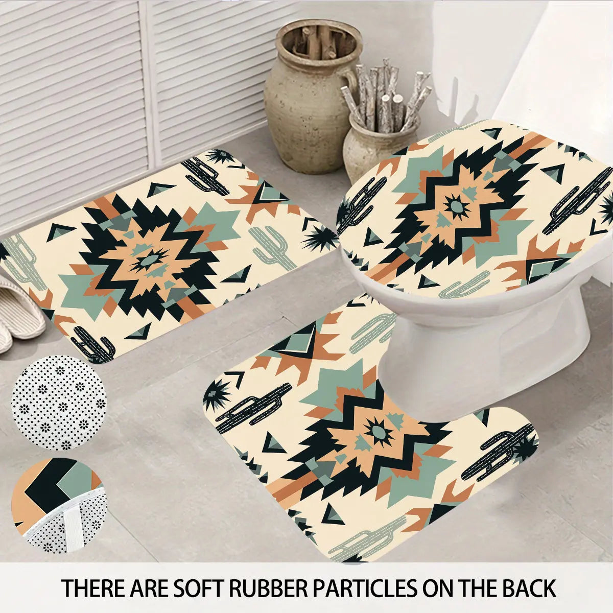 4pcs Bohemian Style Shower Curtain Set with 12 Hooks, Non-Slip Bath Mat, U-Shaped Rug, Toilet Seat Cover, Complete Aesthetic Bathroom Decor