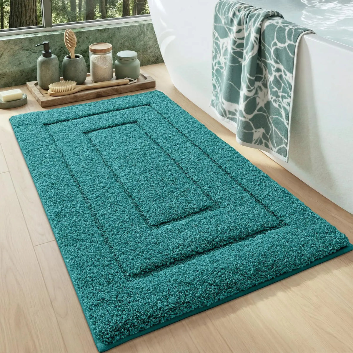 DEXI Bathroom Rug (24x16in), Non-Slip Machine Washable Bath Mat with Rubber Backing, Absorbent Soft Quick-Dry Microfiber Shaggy Indoor Shower Floor Rug, Beige, Machine Washable Rugs,back to school,dorm essentials,home decor,home essentials