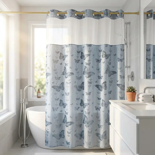 YRZTRK Hookless Blue Flocked Butterfly Double-Layer Shower Curtain with Mesh Top Window, Mesh Fabric, Easy Installation, Farmhouse & Modern Home Decoration, 72x75 in Bathroom Curtain