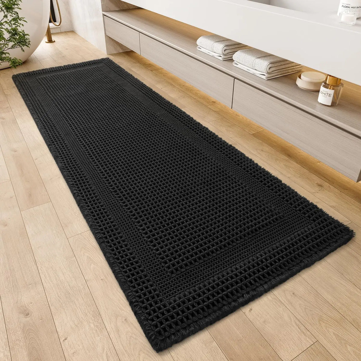 Cozy Synthetic Waffle Bath Mat - 17in x 24in Beige, Absorbent Non-Slip Modern Shower Flooring Rug, Machine Washable Ultra-Soft Boho Tasseled Bathroom Rug