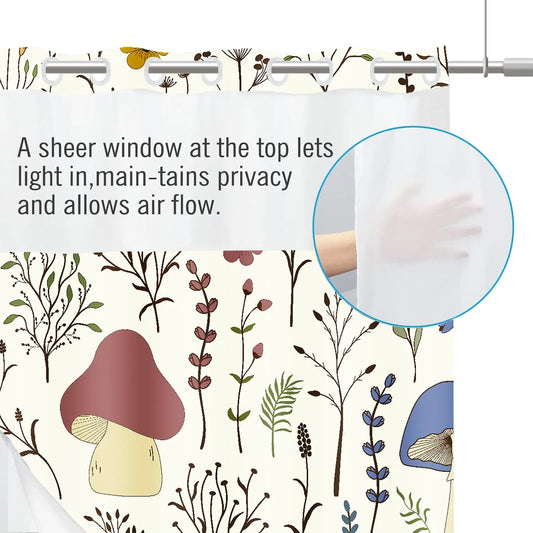LVRLVR 1pc Boho Mushroom Floral Print Decorative Printed Shower Curtain with Sheer Top Window, Detachable Liner & No Hook C-Ring, Shower Curtain No Hooks, Hookless, 70.8" x 74"
