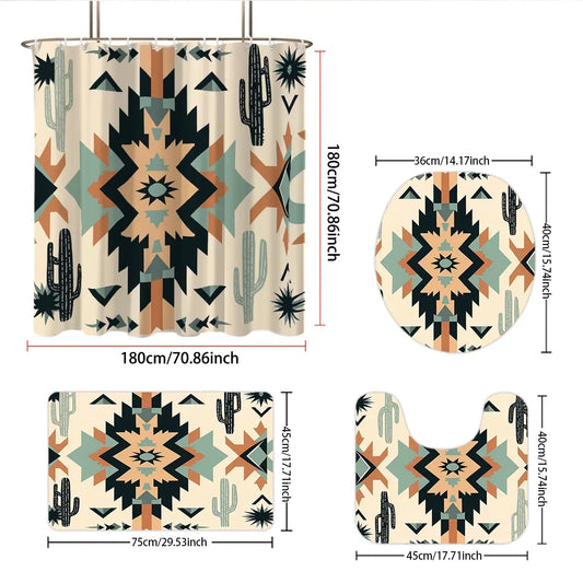 4pcs Bohemian Style Shower Curtain Set with 12 Hooks, Non-Slip Bath Mat, U-Shaped Rug, Toilet Seat Cover, Complete Aesthetic Bathroom Decor