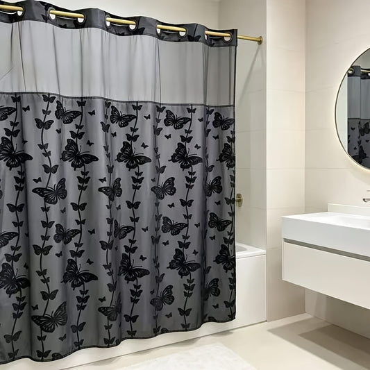 YRZTRK Blue Flocked Butterfly Shower Curtain with Mesh Top Window - No Hook Design Suitable for Bath, Double-Layer Flocked Bathroom Curtain, Machine Washable Window Panel for, Modern Farmhouse Decor for Bathtub Enclosure