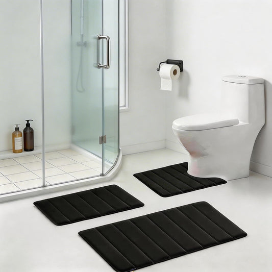 Bathroom Rugs Set Memory Foam Bath Rugs Non-Slip Bath Mat Set 3 Piece,Washable Bathroom Mats,Absorbent Shaggy Rugs Super Soft U-Shaped Toilet Rug,Bahroom Carpets for Bathroom,Tub,Shower(Black)