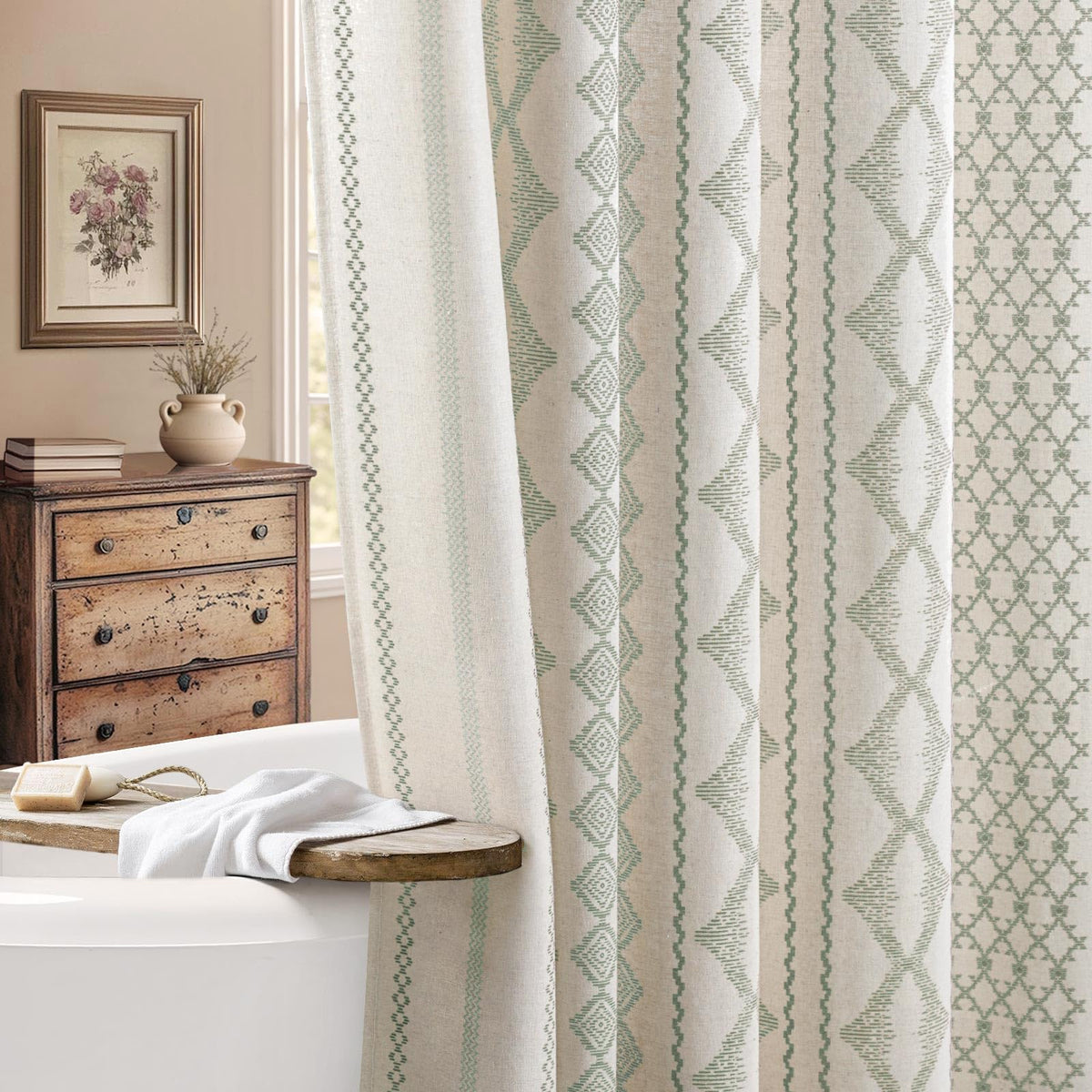 Natural Linen Boho Shower Curtain,72" W x 72" L