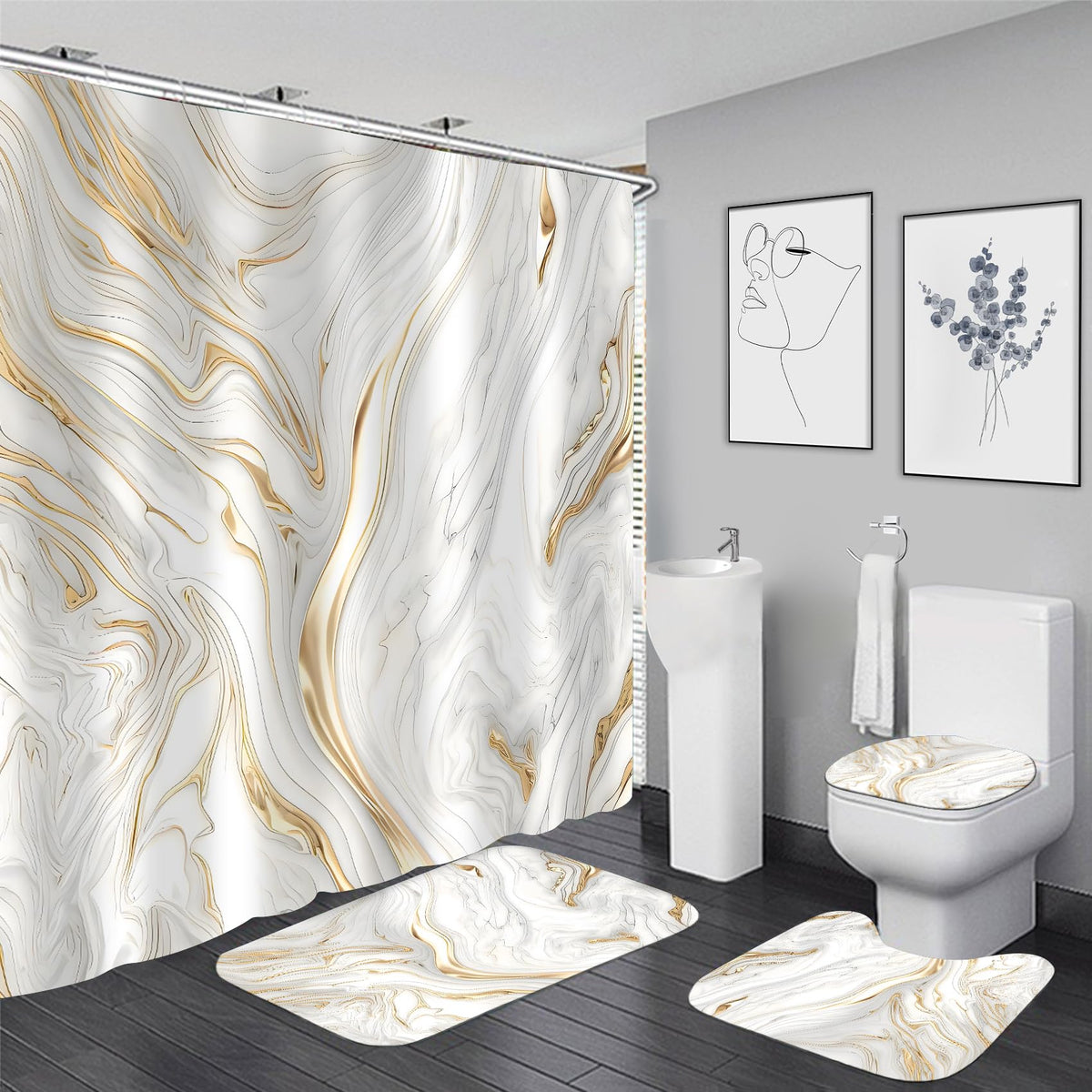 Nkzply 4 Pcs Black Marble Shower Curtain Sets with Rugs Gold Bathroom Set