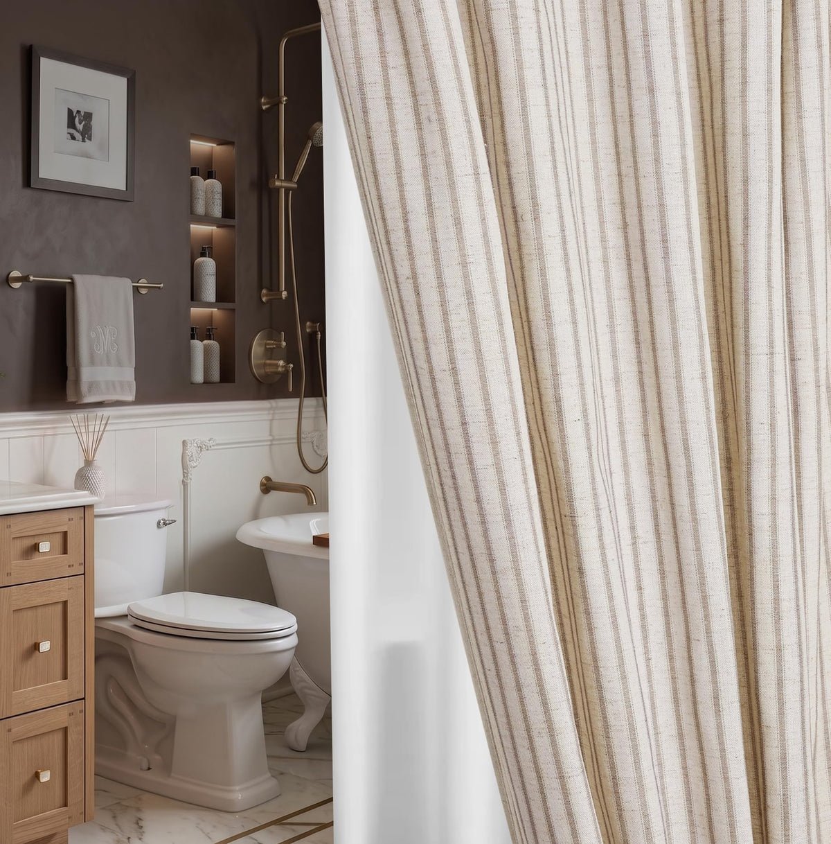 Farmhouse Striped Shower Curtain Set, Linen Blend Fabric with Detachable Polyester Liner, Breathable & Machine Washable, Rustic Sage for Bathroom Decor Standard 72" W x 72" L - Hooks Not Included
