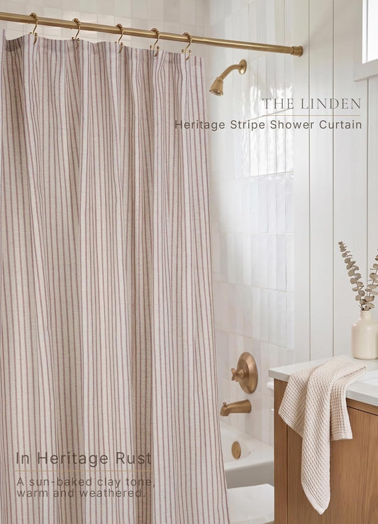 Farmhouse Striped Shower Curtain - 72x72 Inches, Linen Blend Fabric, Breathable & Machine Washable, Rustic Rust for Bathroom Decor (Hooks/Liner Not Included)