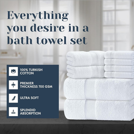 White Classic Luxury White Bath Towel Set of 8 - Soft 100% Turkish Cotton
