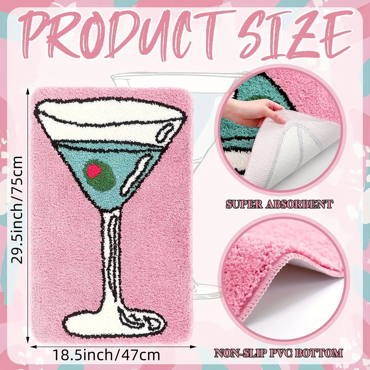 Classic Rectangle Martini Theme Non-Slip Bath Mat - Dirty Martini & Margarita Decor, Absorbent Washable Bathroom Rug for Bathroom Decor, Kitchen (A Tini Bit Older Birthday Gift Option)