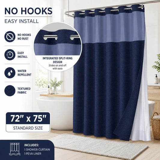Double Layer Waffle-Pattern Shower Curtain - No Hook Snap-in Liner, Waterproof Inner & Washable White Outer Cloth, Modern Bathroom Accessory for Home/Hotel/Salon/Dorm, 72x75 Inch