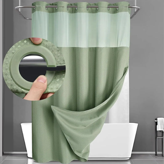 White Shower Curtain with Snap in Liner -No Hooks Waffle-Pattern Shower Curtain Double Layer Shower Curtain -Fabric Waterproof Inner Liner,Bathroom Accessory for Home, Hotel, Salon & Dormitory Decor