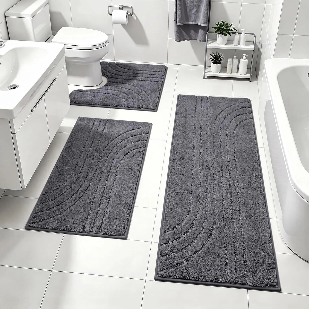 Bathroom Rug Set 3 count,Ultra Absorbent Quick Dry Bathroom Mats | Microfiber Bath Mat Shower Rug Runner Non Slip,Super Soft U Shaped Toilet Mats Floor Carpet,Grey