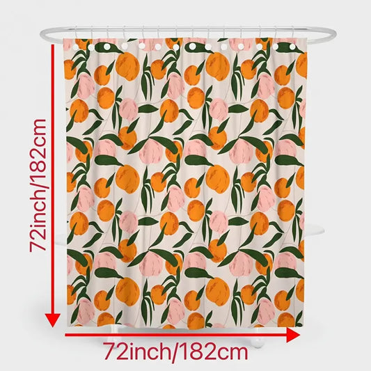 Peach & Orange Fruit Print Shower Curtain Cute with Hooks, Boho Summer Bathroom Decor, Summer Shower Curtains for Bathroom, Aesthetic Pretty Decorative Shower Curtain, Waterproof & Washable, 72 x 72 Inch